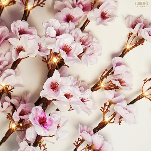 Uieke 3PCS Lighted Cherry Blossom Branches, 30in Artificial Cherry Blossom Flowers with 60 LED Lights Timer Battery Operated Lighted Twig Branches for Vases Wedding Party Home Indoor Decor