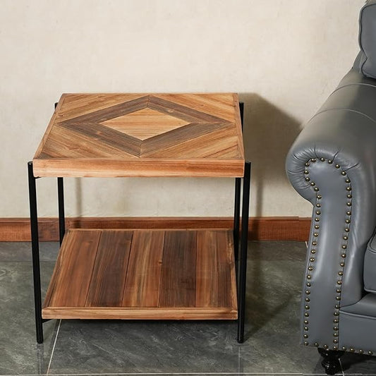 CONSDAN StoneCreek Solid Fir Wood Side Table - Metal Frame, 2-Tier End Table for Living Room/Bedroom/Office, 23" Square Night Stand, Accent Table