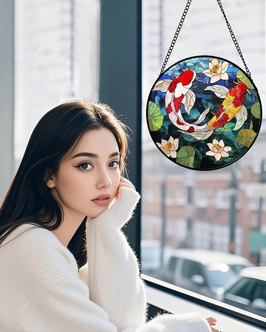 Stained Glass Window Hanging, Koi and Lotus Sun Catcher for Door Home Decor Fish Suncatcher Christmas Mother's Day Birthday Gifts for Women Men Mom and Nana 7.8 in