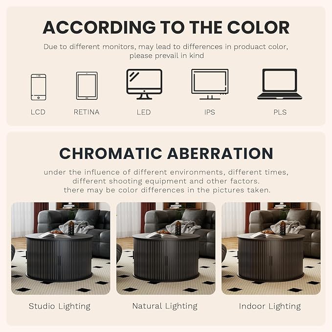 SoarFlash 31.5 Inch Fluted Coffee Table with Storage, Mid Century Modern Round Coffee Table with Shelf, Center Table with Sliding Door and Wood Fluted Handle for Living Room, Black