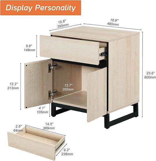 WAMPAT Modern End Table with 1 Drawer & 1 Storage Cabinet, Farmhouse Sofa Table, Wooden Rustic Side Sofa Table Metal Leg for Living Room, Nighstand for Bedroom, Light Oak