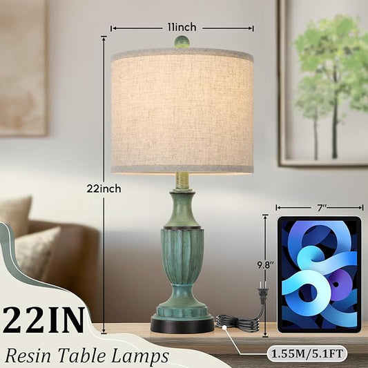TOBUSA Farmhouse Living Room Table Lamps Set of 2, Green Rustic Vintage Table Lamps for Bedroom Nightstand, Antique Bedside Desk Lamps with Linen Shade, 22’’ Traditional Resin Lamp Sets for End Table