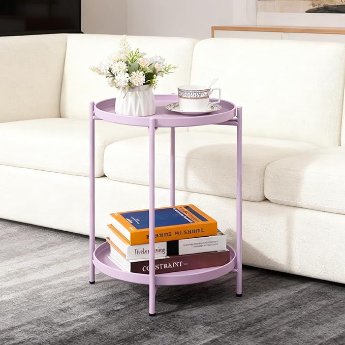 HollyHOME 2-Tier Round Side Table, Outdoor Small Folding Accent Stand with Removable Tray, Anti-Rust Metal Asional Table for Balcony Patio Living Room, Nightstand for Bedroom(Purple)