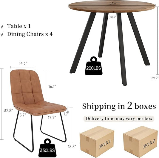 34.6'' Round Dining Table and Chairs for 4 Space Saving for Apartment Kitchen Dining Room (Walnut Table+4 U-Shaped Brown Chairs)