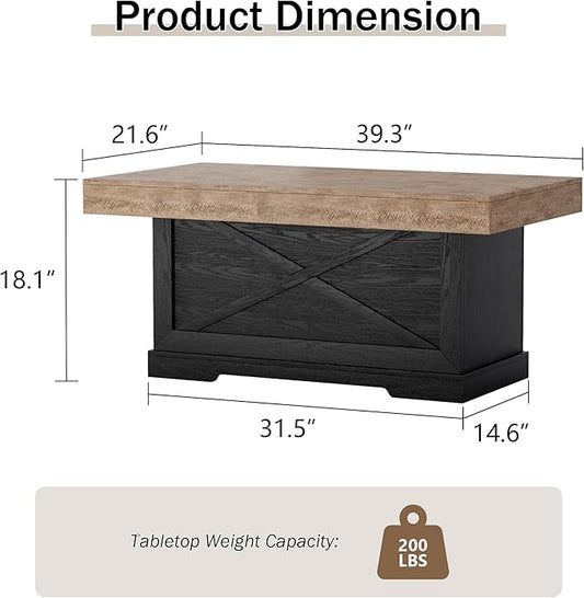 Coffee Table 39 in Rustic Center Table with X-Design Wooden Pedestal for Living Room, Space Saving, Rectangle Home Office Tea Accent Table for Apartment, Dark Oak Black