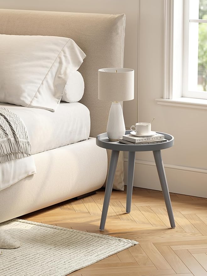 Apicizon Round Grey Side Table, Tray Nightstand Coffee End Table for Living Room, Bedroom, Small Spaces, Easy Assembly Bedside Table, 15 x 18 Inches