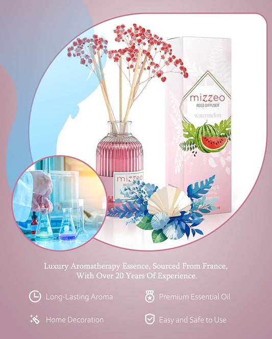 MIZZEO Reed Diffuser Set, Watermelon 6.76 fl oz Highly Scented Room Diffuser Home Fragrance Essential Oil Reed Flower Diffuser, House Bedroom Office Decor & Gifts