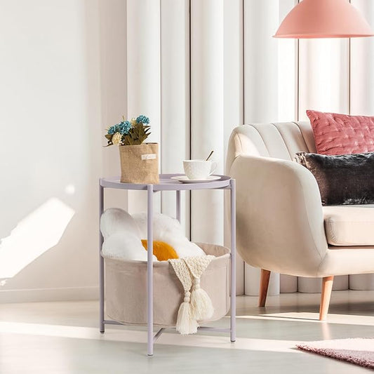 danpinera Round Side Table with Fabric Storage Basket, Metal Side Table Small Bedside Nightstand with Removable Tray Top for Living Room, Bedroom, Nursery, Laundry, Light Violet