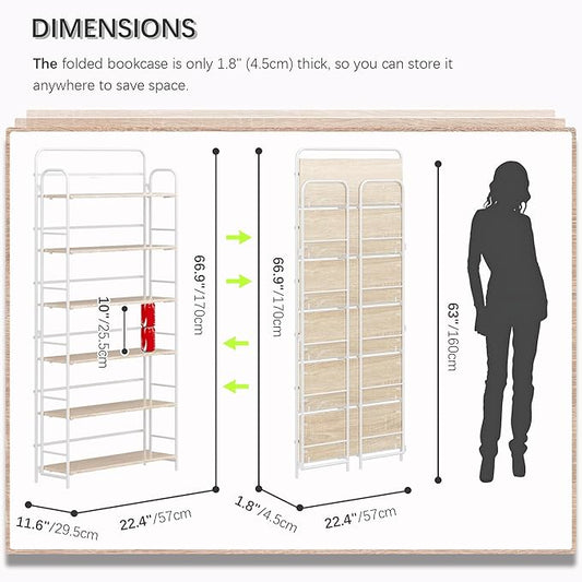 4NM No Assembly Folding Bookshelf, 6 Tiers Collapsible Book Shelves Open Industrial Foldable Storage Bookcase Shelf for Bedroom, Living Room, Home Office - Natural and White