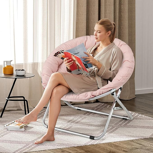 Athena Collection Comfy Saucer Chair, Folding Oversized Cozy Chair for Bedroom Living Room Fabric Reading Chair, Foldable Metal Frame Round Lazy Chair Moon Chair for Adult Set of 2, Pink