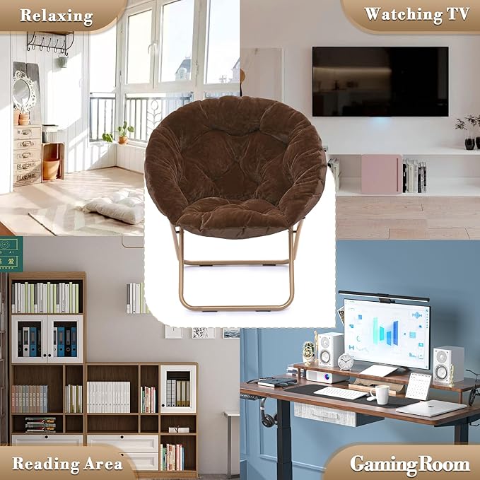 Athena Collection Comfy Saucer Chair Folding Cozy Chair for Bed Room Living Room Accent Chair Faux Fur Reading Chair Foldable Metal Frame Lazy Chair Moon Chair for Adult, Brown