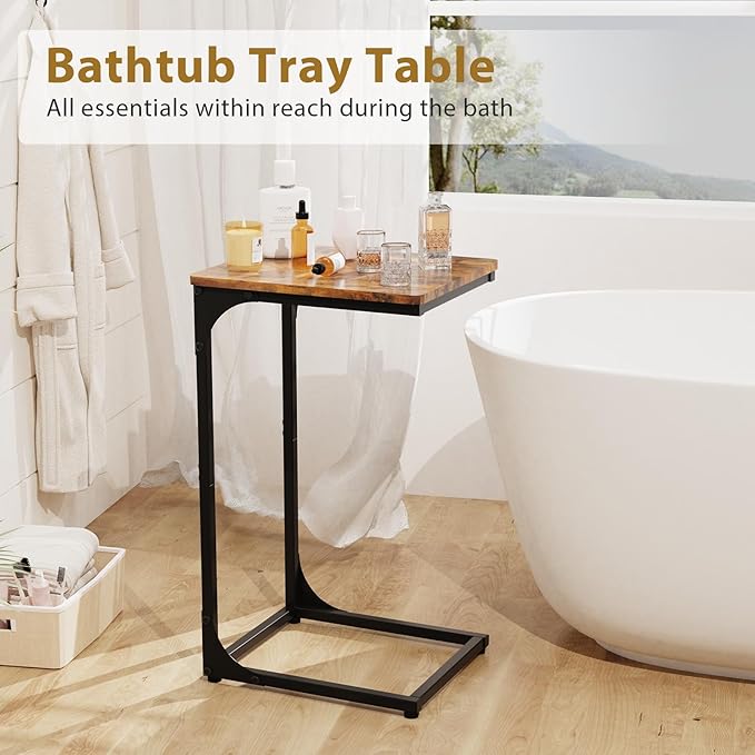 Narrow C Shaped End Tables Living Room TV Trays Set of 2, Small Thin Farmhouse Side Table Skinny Slide Under Couch Tray Tables for Sofa Bedroom Small Space 11.8 inch Width, Rustic Brown