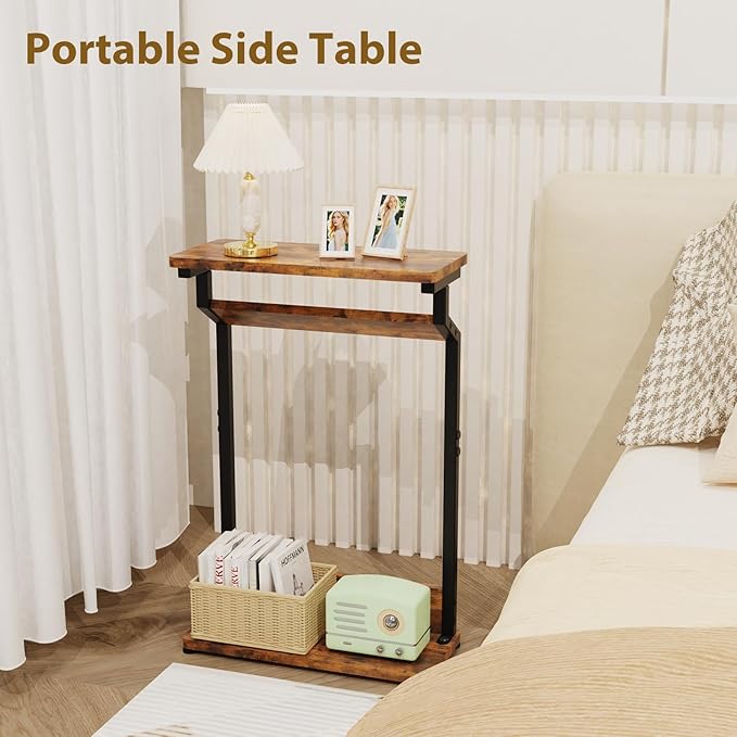 Narrow Side Table for Small Spaces, 2-Tier Farmhouse Small End Table, Slim TV Tray Couch Table Skinny Sofa Tray Tables Thin End Tables for Living Room Bedroom, Rustic Brown