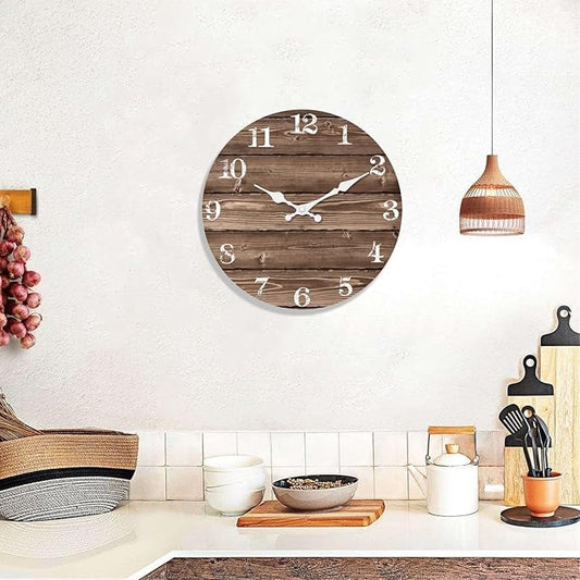 XFM Wooden Wall Clocks Battery Operated 12 Inch Brown Farmhouse Wall Clock for Kitchen Rustic Wall Clock Non Ticking (No Solid Wood, it is with MDF Material)