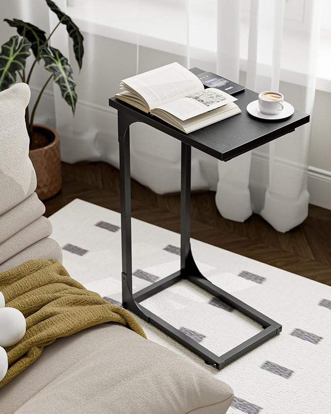 C-Shaped Side Table for Couch - Small Coffee Stand Sofa Tray Desk with Metal Frame and Waterproof Scratch Resistant, Modern End Accent for Living Room, Bedroom, Set of 2, Black