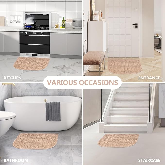 VANZAVANZU Half Round Kitchen Rug, Anti Fatigue Mat, Made of 100% Polypropylene, Non-Slip, Dirt-Resistant, Absorbent, Machine Washable, 27" x18" (Beige)