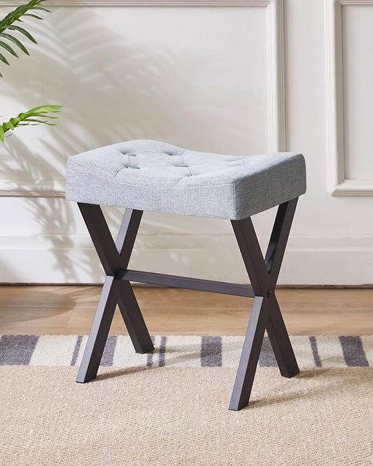 IBUYKE U-Shaped Linen Vanity Stool, Square Makeup Chair with X-Leg, Ottoman Seat Footrest Stool, Multi-Use as Small Side Table, for Bedroom, Living Room, Blue Gray WBD018L