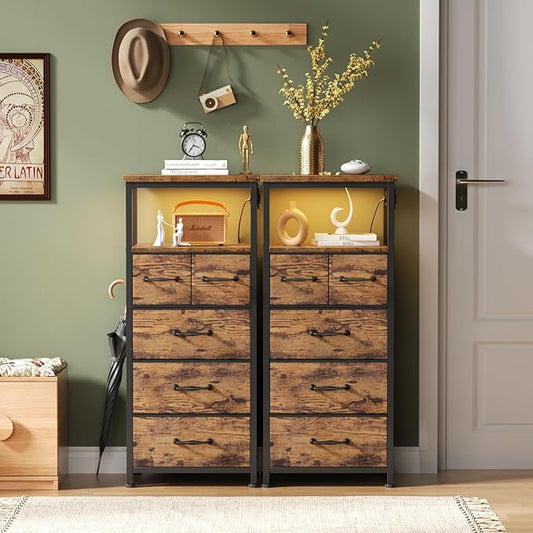 Furnulem Dresser for Bedroom, Tall Nightstand, Vertical Chest with Wood Top, Charging Station, LED Lights, 5 Fabric Bins, Bedside Table with Shelf, Furniture for Entryway (5 Drawer, Rustic Brown)