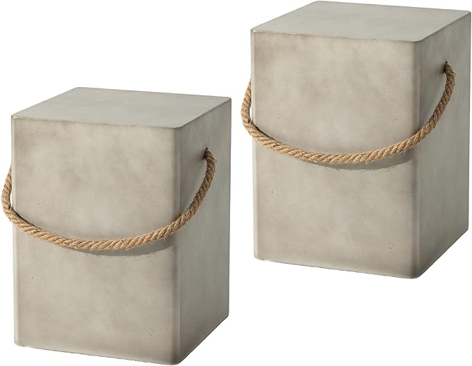 SUNBURY Concrete Side Table Set of 2, Outdoor Side Table for Patio, 18" H Outdoor Accent Table w Hemp Rope, Patio Side Table End Table in Medium Gray, Ceramic Side Table Garden Stool Log Table