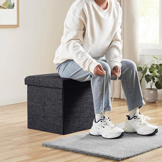 Ornavo Home Foldable Tufted Linen Storage Ottoman Square Cube Foot Rest Stool/Seat - 15" x 15" x 15" (Black)