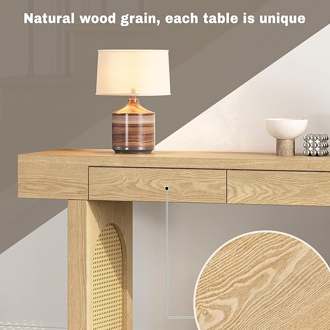 51.9" Narrow Console Table for Entryway, with Storage Drawers, Natural Wood Finish Table Rattan Accent, Stylish Rustic Sofa Table for Living Room and Hallway (Natural Wood)
