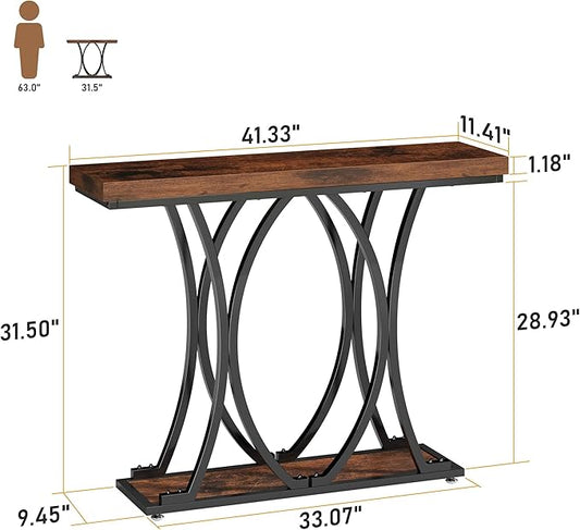 JUSTOGO 41.3" Industrial Entryway Table, Narrow Wood Sofa Console Table with Geometric Metal Legs and Ellipse Base, Living Room Furniture for Foyer, Hallway, Entrance, Rustic Brown