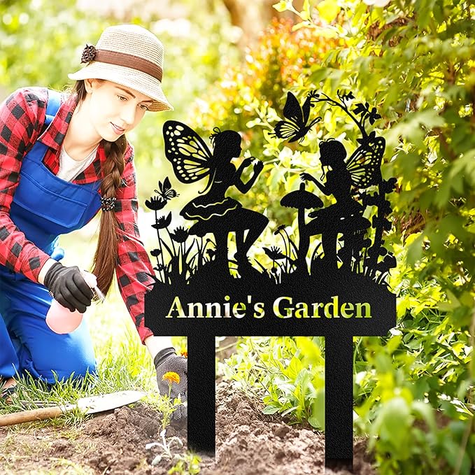 Personalized Garden Signs with Stake, Metal Custom Fairy Garden Signs for Outdoor Waterproof, Customized Metal Name Sign, Home Patio Yard Outdoor Decor Gifts for Gardeners