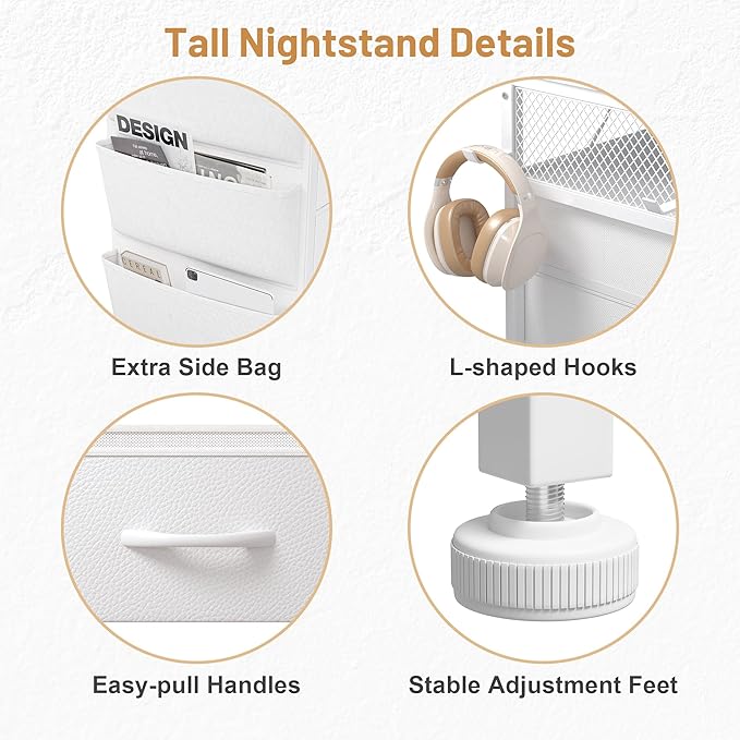 EnHomee Tall Night Stand with 5 Drawers, LED Nightstand with Ports & Outlets, White Dresser with Extra Side Bag & Storage Shelf & Hooks, Bedroom, Dorm, Closet
