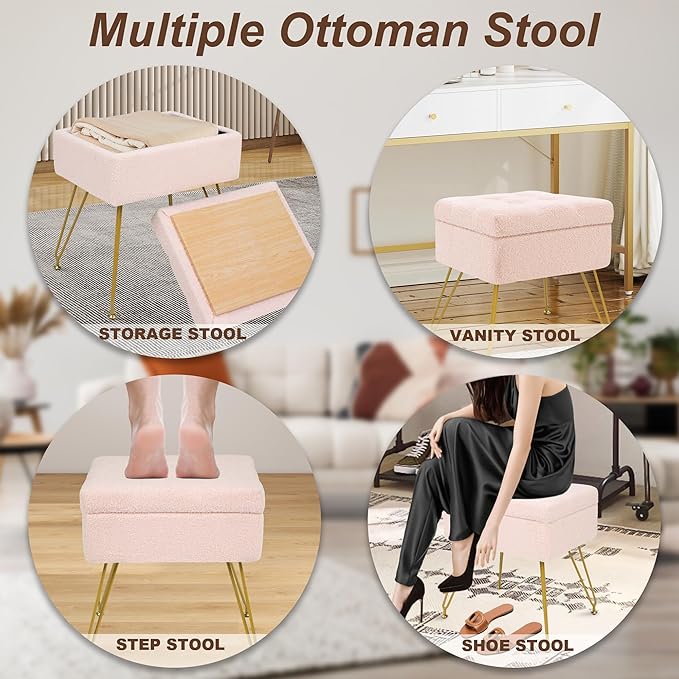 Vanity Chair with Storage, 15.7" L x 11.8" W x 17.7" H Teddy Velvet Vanity Stool with Coffee Table and Metal Legs, Multifunctional Makeup Stool for Vanity, Bedroom, and Living Room, Pink