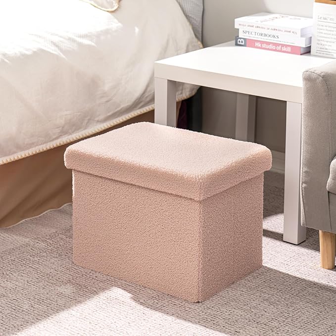 B FSOBEIIALEO Storage Ottoman Cube Small Sherpa Ottoman Foot Rest, Foldable Portable Boucle Ottomans, Faux Teddy Fur, Pink 16.5"x12.6"x12.6"