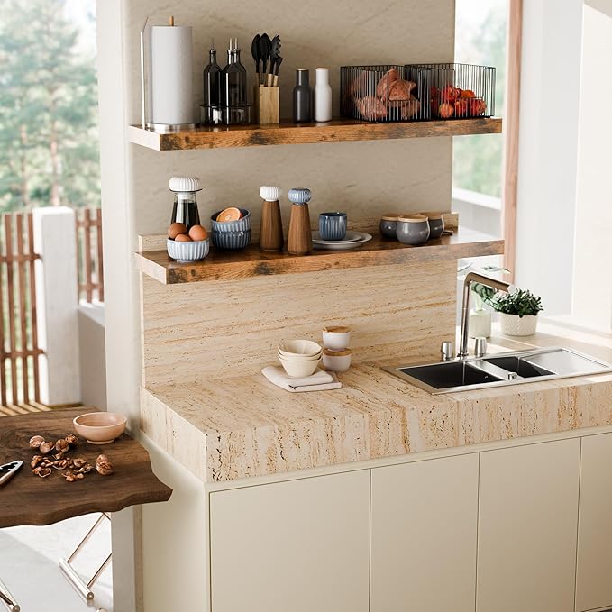 12 Inch Deep Floating Shelves, 48 Inch Fireplace Mantel Set of 2, Rustic Brown Hanging Shelf with Invisible Brackets, Display Shelves Wall Mounted for Bedroom, Kitchen, Office, Living Room