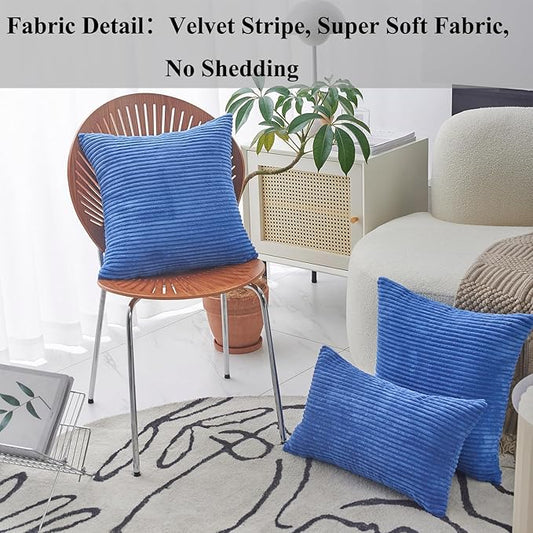 Home Brilliant Throw Pillow Covers Decorative Soft Velvet Corduroy Striped Set of 2 Square Cushion Cover for Couch Bench, 18 x 18 inch, Blue