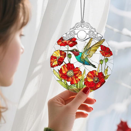 Hummingbird & Poppy Stained Glass Christmas Ornament – Christmas Tree Ornament & Holiday Decor, Gift for Hummingbird Lovers, Ideal Holiday Present & Xmas Gift
