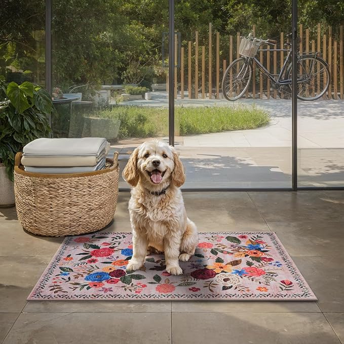 Area Rugs 24x17 Inch Home Decor Entry Rug, Small Door Mat Bath Mats for Bathroom, Ultra-Thin Non Slip Floral Low Pile Tub Mat for Sink Shower Doorway Tub Kitchen Sink(2 x 1.4 ft, Beige/Pink Lawn)