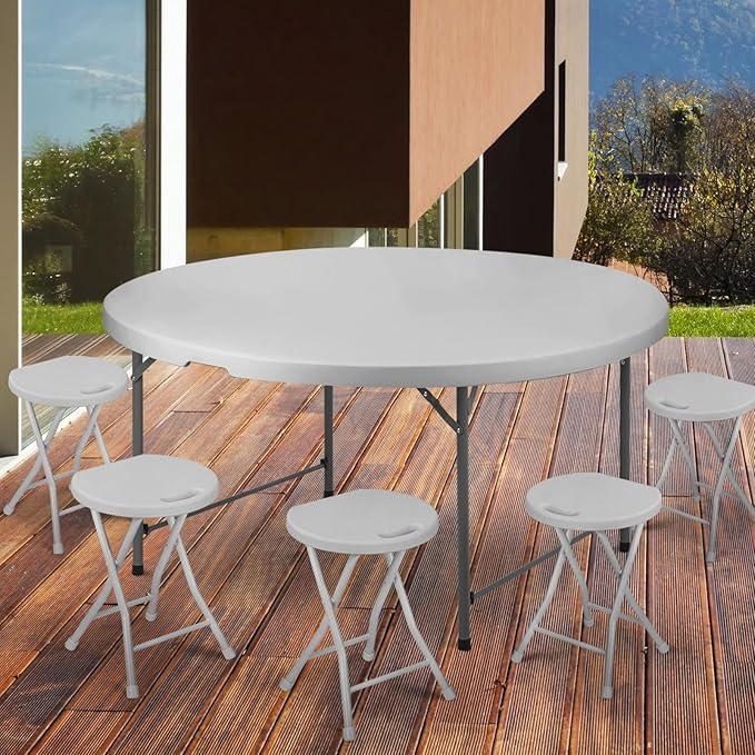 Athena Collection 5.5 ft Plastic Folding Dining Table, Large Foldable Round Card Table Portable with Carry Handle Heavy Duty Fold-in-Half for Indoor Outdoor Party Camping, Grey