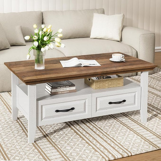 Amada Coffee Table for Living Room, 39.4" Small Coffee Table with Storage, Open Display Shelf and Hidden Drawers, Farmhouse Wood Center Table Ideal for Home Office, White and Oak