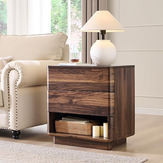 ACCOHOHO Nightstand with Charging Station, 22" Push-to-Open Bedside Table with 2 Storage Drawers, Large Modern End Table for Bedroom,Living Room,Brown