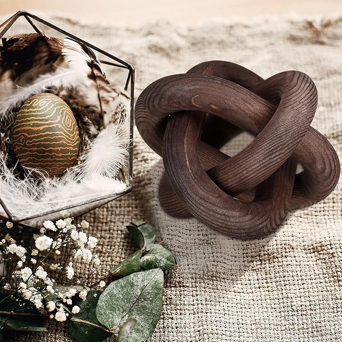 3 Link Wood Knot Decor - Hand Carved Coffee Table Decoration, Boho Chain Link Decor, Modern Shelf, Rustic Objects for Home Living Room Bedroom(Black Walnut)