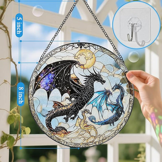 Dragon Stained Glass Window Hanging, 8 Inch Sun Catchers Indoor Window, Suncatchers for Windows Hanging, Home Decor and Christmas, Holiday, Mother's Day, Father's Day, Birthday Gifts for Women, Men