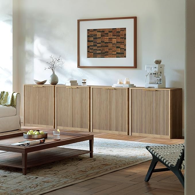 Evermagin 31.5" Oak Buffet Cabinet with Storage, Fluted Sideboard Cabinet with Adjustable Shelves,Boho Credenza, Console Table with 2 Doors for Dining Room, Kitchen, and Living Room