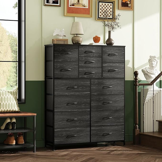 Tall Console Table with 15 Fabric Drawers, Entryway Table with Storage, Tall Storage Organizer with Wood Top, Steel Frame for Living Room, Hallway, Office, Charcoal Black Wood Grain Print