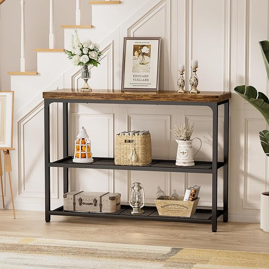 47" Console Table, 3-Tier Entryway Table, Sofa Table with Mesh Shelves, Console Tables for Living Room, Bedroom, Hallway, Entryway, Foyer, Rustic Brown