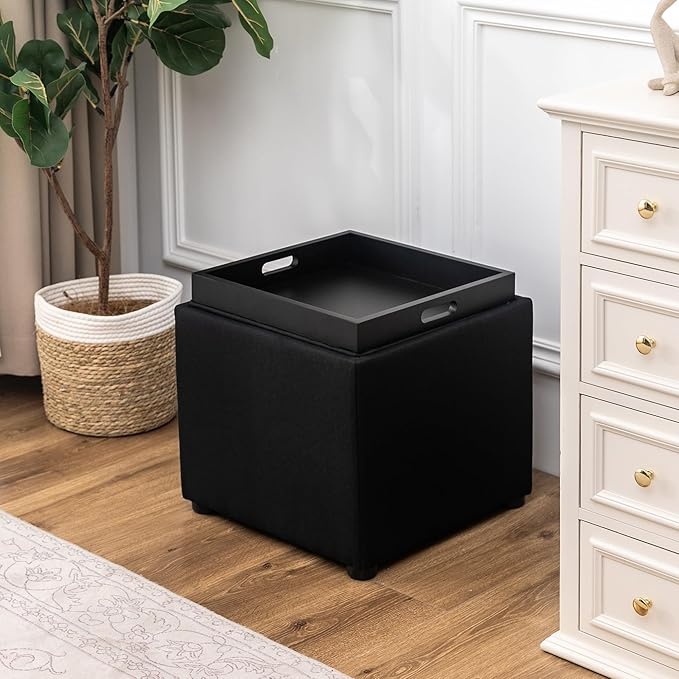 Adeco 17" Black Square Storage Ottoman with Tray, Modern Cube Ottoman Coffee Table for Dorm, Bedroom