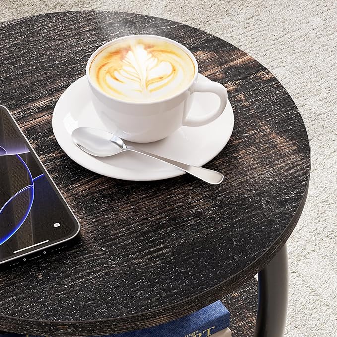 Small Round Side Table, 3-Tier End Table with Storage Shelf, Slim Sofa Table Coffee Table, Sturdy & Easy Assemble Nightstand for Small Spaces, Living Room Bedroom Corner, Oak Dark