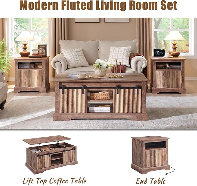 Fluted Nightstand with Charging Station, 22" Large Modern Side Table, Wood End Table w/Open Shelf & Spacious Tabletop, Bedside Table with Storage Space for Bedroom, Living Room (Light Brown)