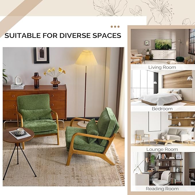 VINGLI Chenille Mid-Century Modern Accent Chair, Cute Reading Arm Chair with Cushion & Lumbar Pillow & Solid Wood Frame for Lounge, Living Room, Reading Room, Bedroom, Olive-Green