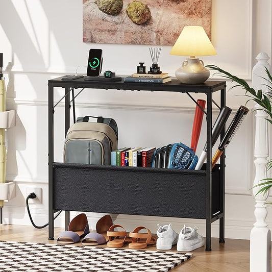 Skinny Console Table with Charging Station and Storage Basket, 31.5'' Couch Table Behind Sofa, Small Entryway Table, Narrow Sofa Table for Hallway, Foyer, Living Room, Black