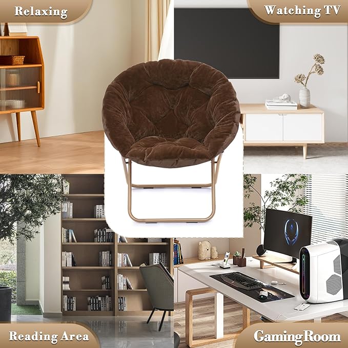Athena Collection Saucer Chair with Ottoman Comfy Chair for Bed Room Living Room Folding Round Cozy Chair Faux Fur Metal Frame Foldable Lazy Chair Accent Chair Reading Chair Set of 2, Brown