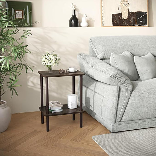 Apicizon 2 Tier End Table, Small Side Table with Solid Wood Legs, Boho Bedside Table with Storage Shelf, Nightstand for Small Spaces, Bedroom, Living Room, Entryway, Easy Assembly, Rustic Oak