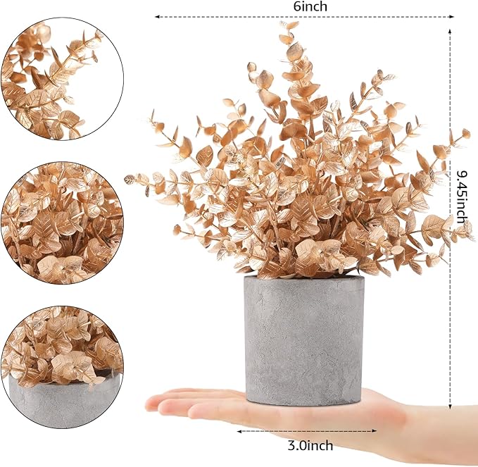 2 Pack Gold Eucalyptus Small Fake Plants Potted Artificial Plants for Christmas Decorations Shelf Desk Home Farmhouse Room Coffee Table Bathroom Decor